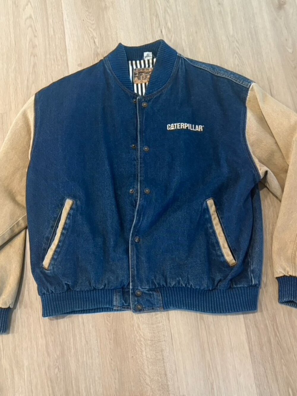 VTG Caterpillar CAT Turning Point Jacket Mens XL Stadium Bomber Blue Denim Lined
